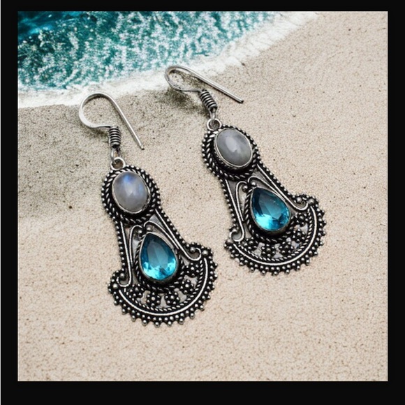 Rainbow Moonstone & Blue Topaz Drop Dangle Hook Style Earrings 2" L New With Tag - Picture 14 of 16